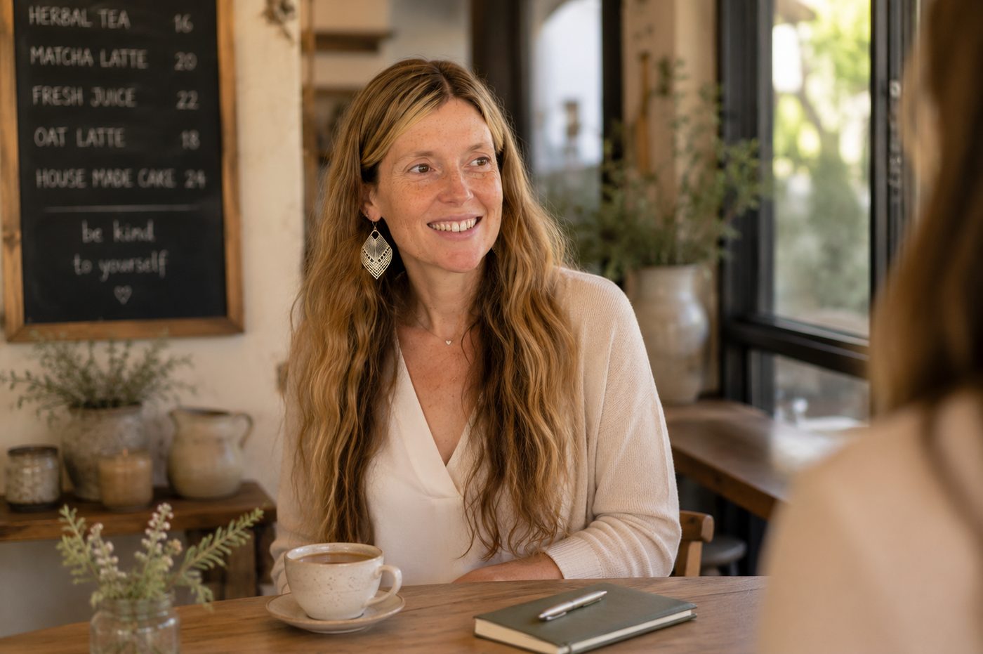 Dina in warm conversation with a woman at a caf&eacute; table